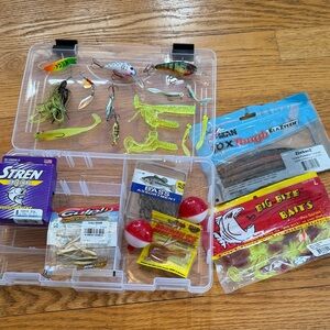 Fishing Tackle Box with Lures and Baits Stren Line Bobbers Bass Hooks